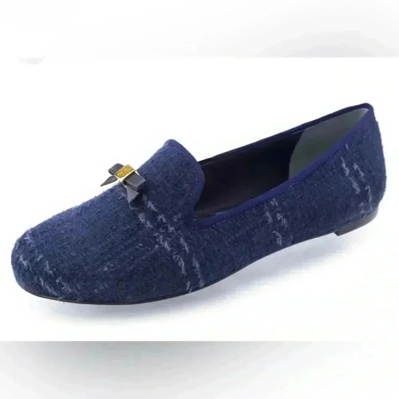 TORY Burch Chandra Tweed Navy Blue Loafers Sz 7.5 - Picture 2 of 12